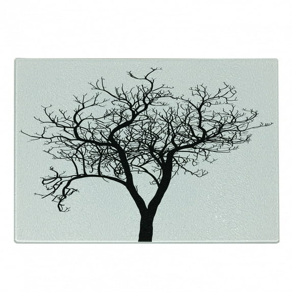 Lonely Tree Cutting Board, Monochromatic Simplistic Bare Branches of a Winter Tree Nature Themed, Decorative Tempered Glass Cutting and Serving Board, in 3 Sizes, by Ambesonne