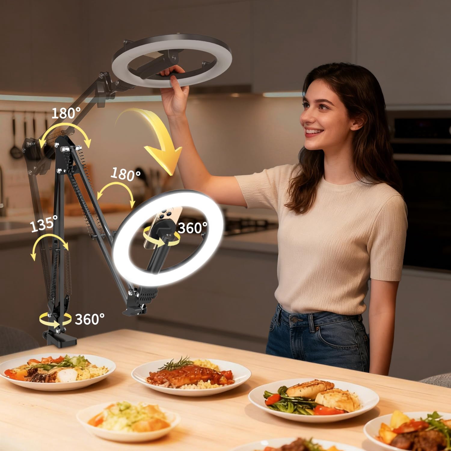 Magnetic Overhead Phone Mount With 10" Ring Light  5000mah Flexible Articulating Circle Lamp Table Tripod Stand For Video Recording Cooking Zoom Meeting Live Streaming