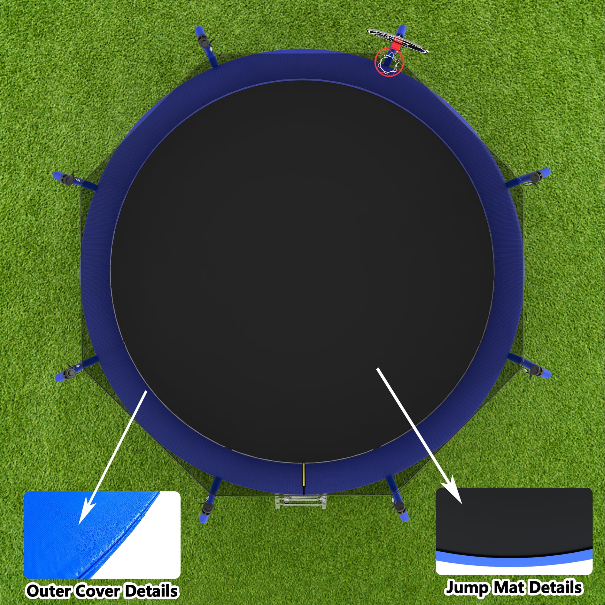 Aukfa 14 FT Trampoline with Safety Enclosure, Basketball Hoop & Ladder, Heavy-Duty Outdoor Jumper for Kids & Adults, Blue