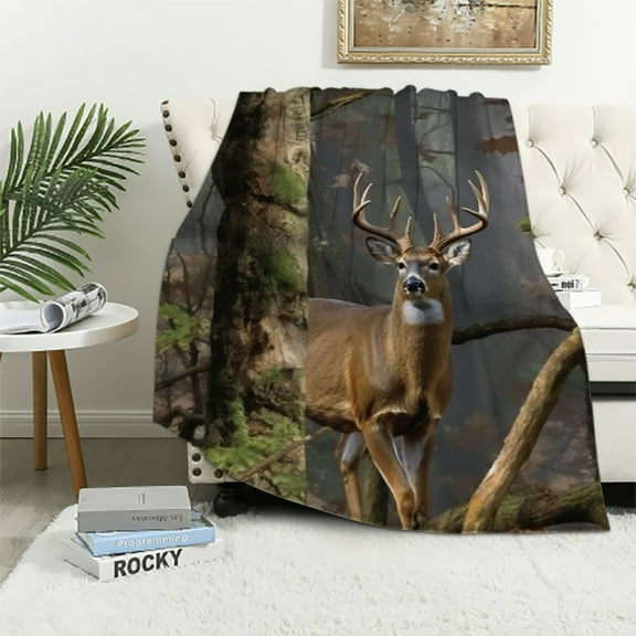 JEUXUS Camo Buck Deer Blanket Soft Throw Blanket Cozy Fuzzy Warm Flannel Blankets for Women Men for Couch Bed Sofa All Season Gift