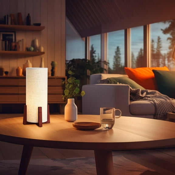 KUNJOULAM Modern Small Table Lamps, Nightstand Lamp with Linen Fabric Shade, Cylinder Bedside Table Lamp for Bedroom, Cafe, Living Room Home Decor