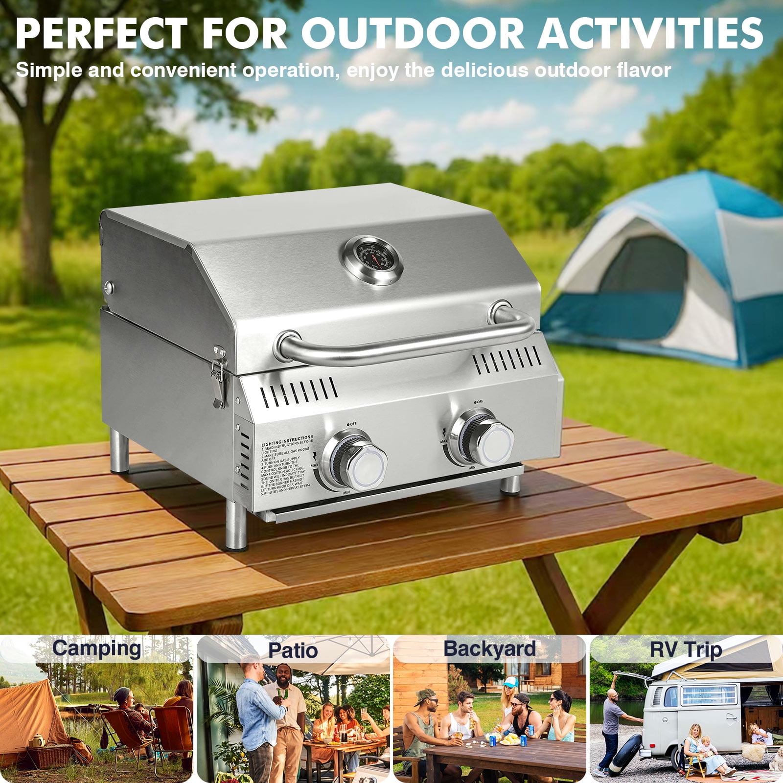 Frizi Portable 2-Burner Tabletop Propane Grill for Patio, 20,000 BTU, Stainless Steel, Camping & Tailgating