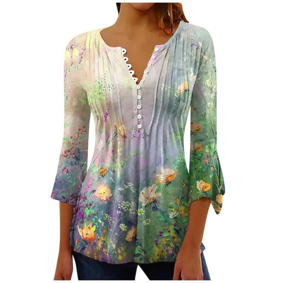 Women's Buttons Up Shirts 3/4 Length Sleeve Blouses Tops Vintage Floral Printed Tunic Tops Casual V Neck T-Shirt Summer Slim Pullover Top