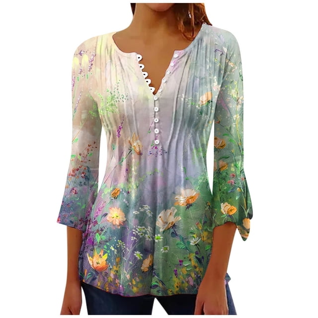 Birdeem Blouses pour Femmes T-Shirt Imprimé Mode Manches 3/4 Blouse Col en V Hauts Décontractés