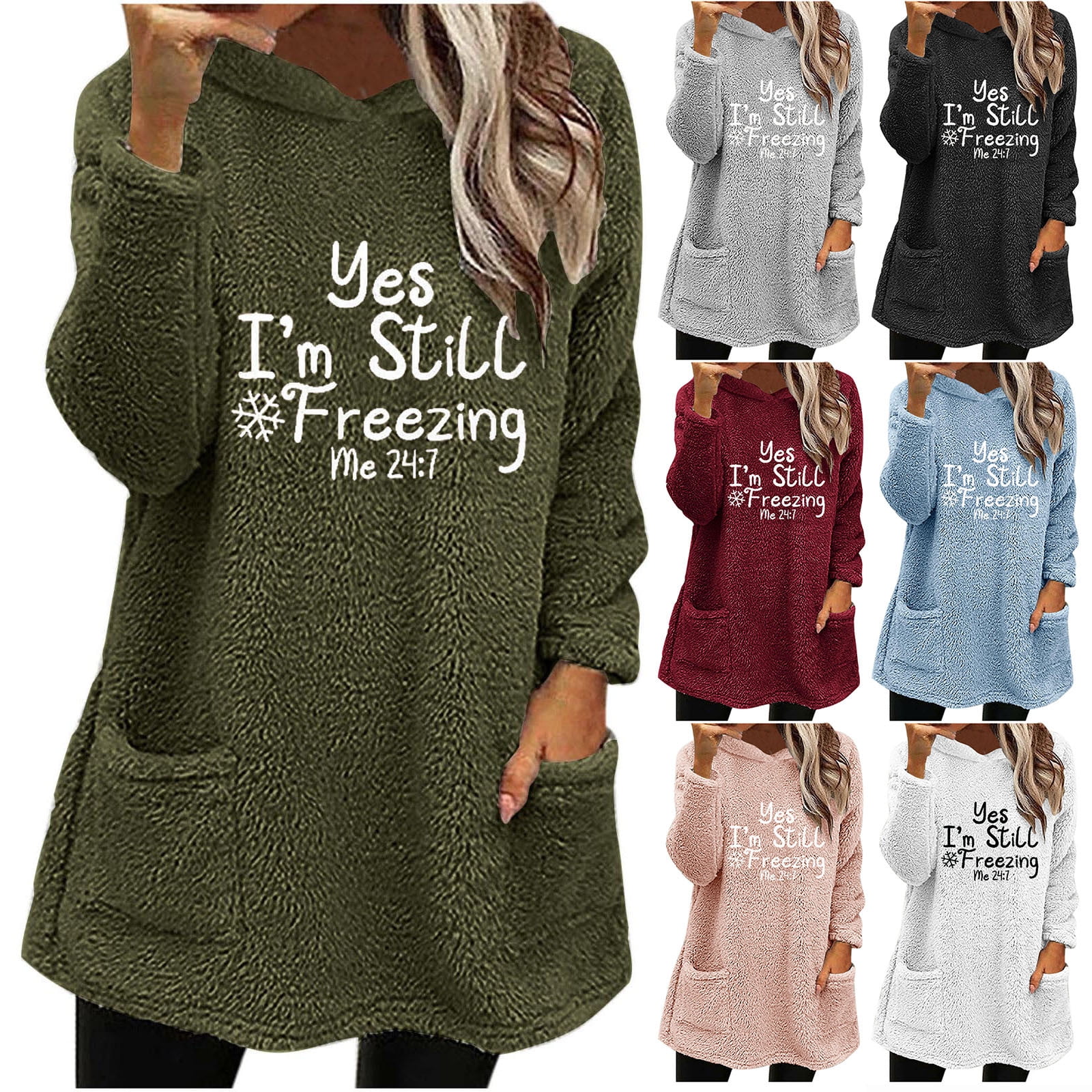 Aboser Yes I'm Still Freezing Sherpa Hoodies for Women Fluffy Fleece Long Sweatshirts Fall Winter Thermal Pullover Tops Soft Long Sleeve Hoodie with Pockets