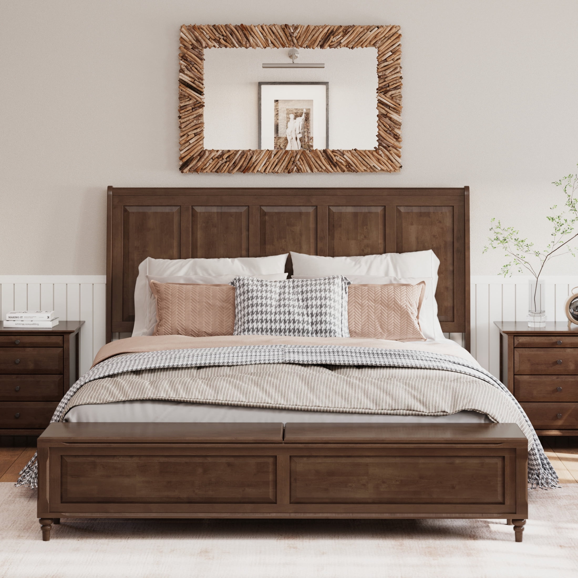 GDF Studio King Size Solid Wood Sleigh Bed with Tall Headboard and Storage Bench, Walnut