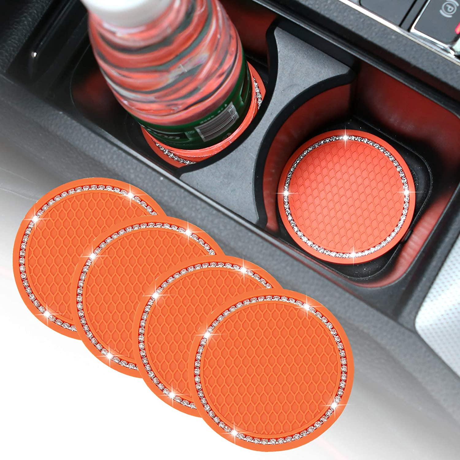 Car Coasters Universal Anti Slip Silicone Car Cup Holder Crystal Rhinestone Coaster  Car Interior Accessories(8pcs, Black)