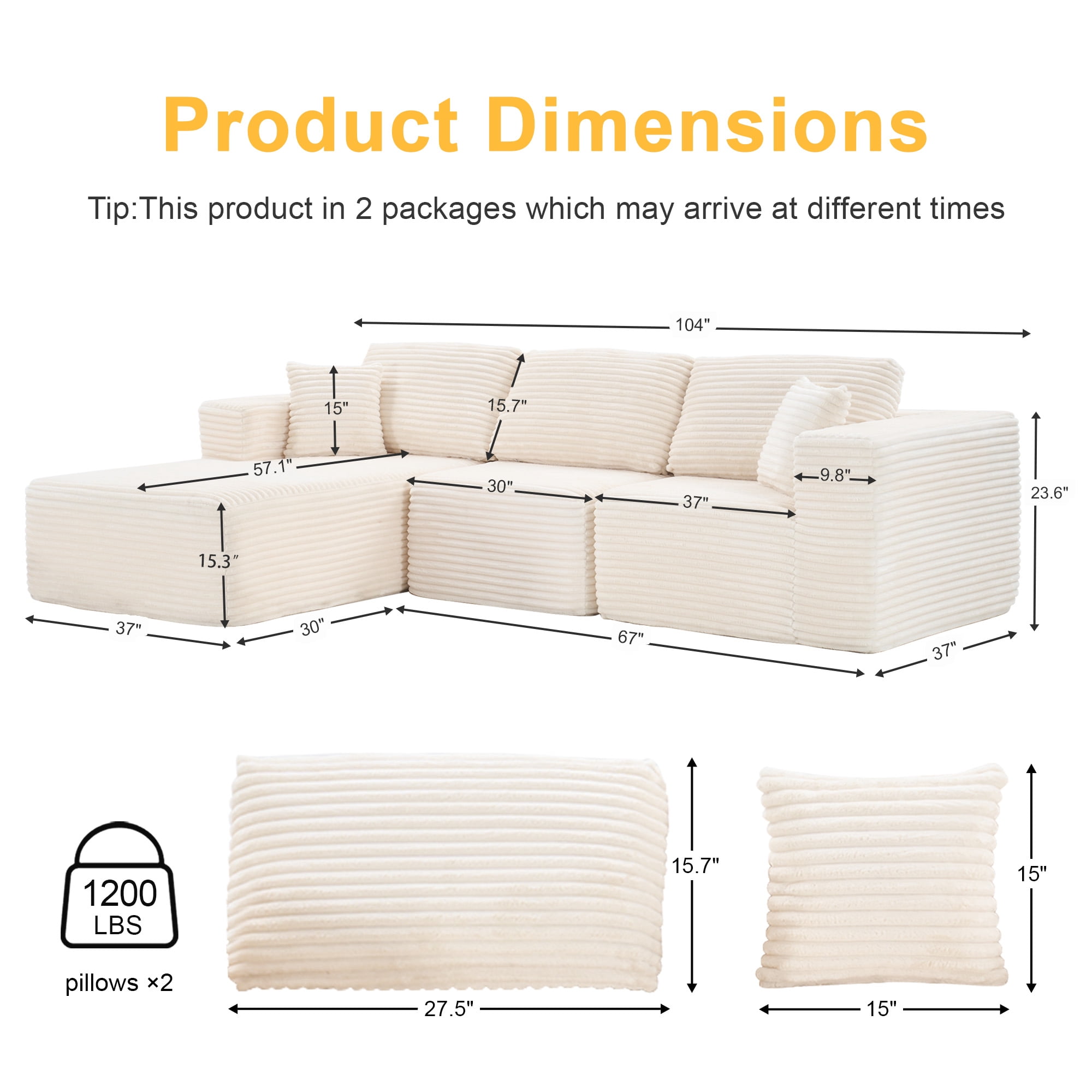 MAYEERTY 104 in Corduroy Modular Sofa, Compressed Boneless DIY Zero-Assembly Sofa, for Living Room & Small Apartment, Beige