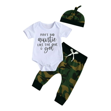 

Sunisery Baby Boys Short/Long Sleeve Letter Print Romper Camo Pants Hat 3Pcs Set