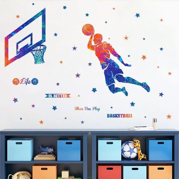 Colorful Basketball Player Dunk Wall Stickers DIY Stars Sports Player Silhouette Wall Decals Peel & Stick Removable Wall Decor Art Murals Kids Room Playroom Baby Nursery Classroom