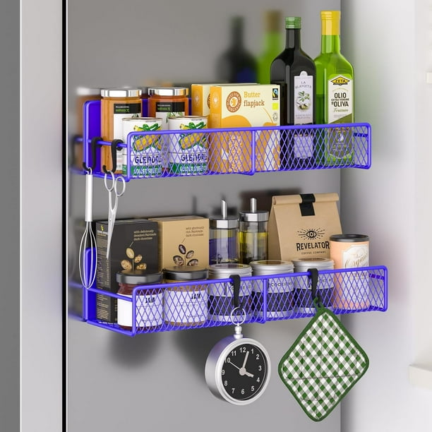 Estante magnético para especias para refrigerador, paquete de 7 estantes magnéticos 100% metal, organizador de especias de cocina con estante de gancho, soporte para toallas de papel, organizador de