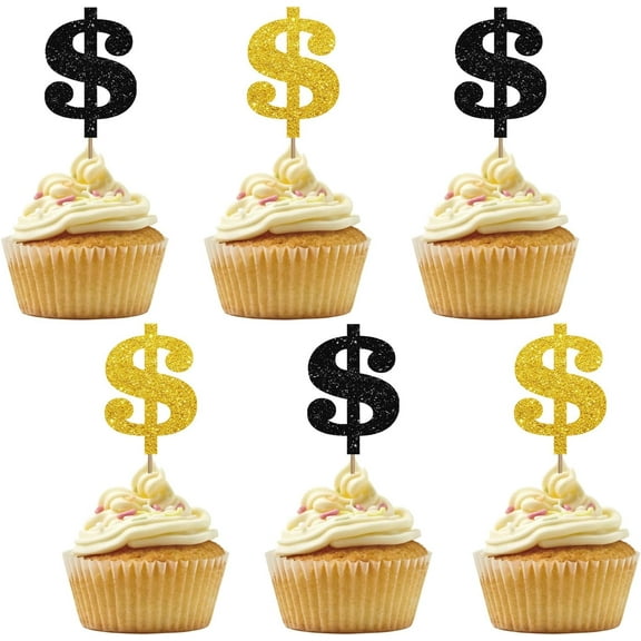 12pcs Dollar Sign Cupcake Toppers, Black&Gold Glitter Money Bill Birthday Cupcake Toppers, Gambling Cupcake Picks, Casino Night Themed Party Supplies
