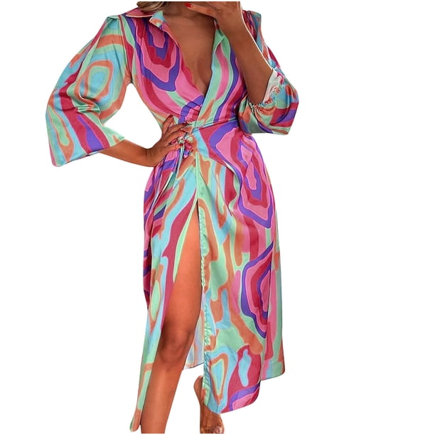 Vestido regular de manga larga con cuello en V y estampado sexy para mujer a la moda Fridja yut4551