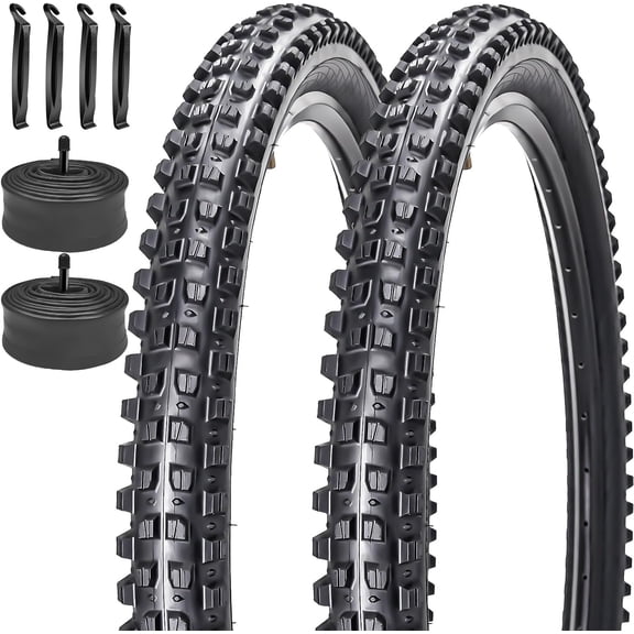 2 Pack Mountain Bike Tires 26x2.4 Heavy Duty Folding Bicycle Tires and Pair 26 Inch Inner Tubes Schrader Valve