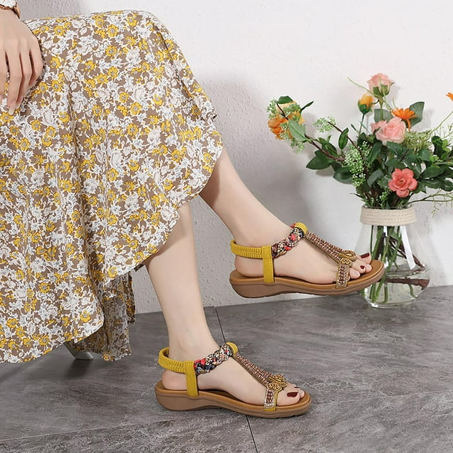 LSLJS Thong Toe Rhinestone Slippers Women's Round Head Outer Wear Solid Color Low-heeled Flip-flops
