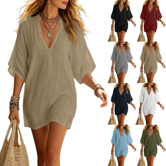 Omexry Vacation Dresses Women's Solid Color Half Sleeve Collared Mini Dress Casual Summer Dress