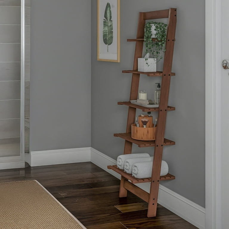5 Tier Ladder Bookshelf Leaning Decorative Shelves for Display Walnut Black
