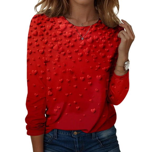 Womens Valentine Day Shirts Long Sleeve Love Heart Print Fashion Tops Crew Neck Loose Casual T Shirts Pink XL
