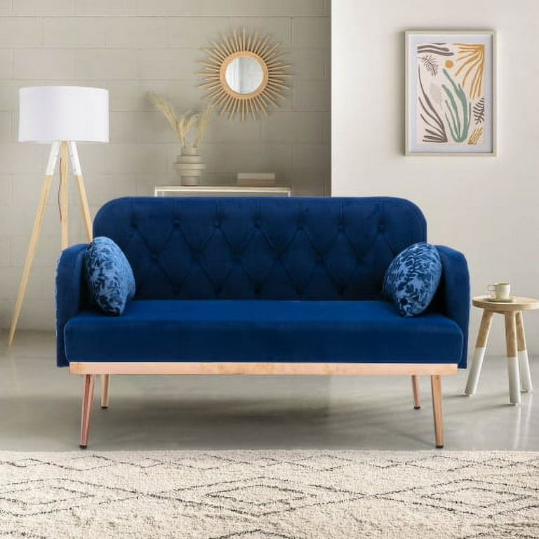 Twin Accent Loveseat Sofa Mid Century Modern Velvet Sofa Couch with Pillows Metal Feet Sofa Vintage for Small Space for Living Room Bedroom Navy
