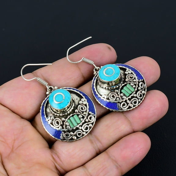 Turquoise Lapis Lazuli Handmade 925 Sterling Silver Tibetan Earring 2" VJ 5252