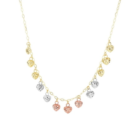 14k Tri-Color Gold Diamond-Cut Dangling Puffed Hearts Oval Link Chain Necklace