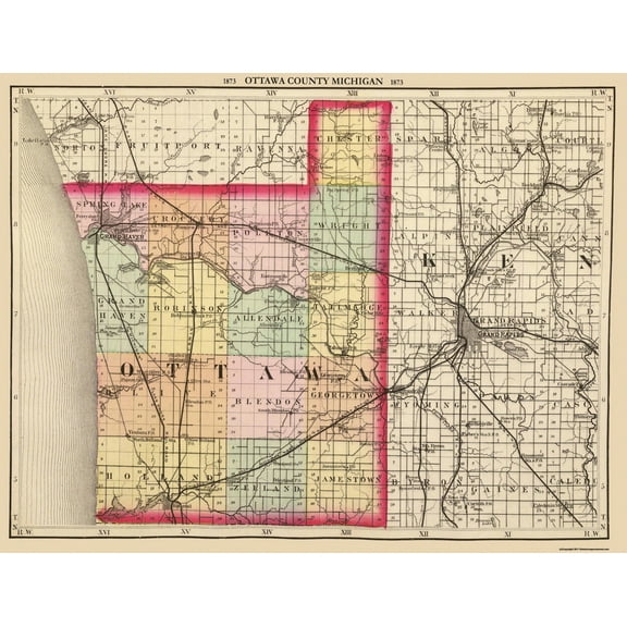 Historic County Map - Ottawa County Michigan - Walling 1873 - Vintage Wall Art