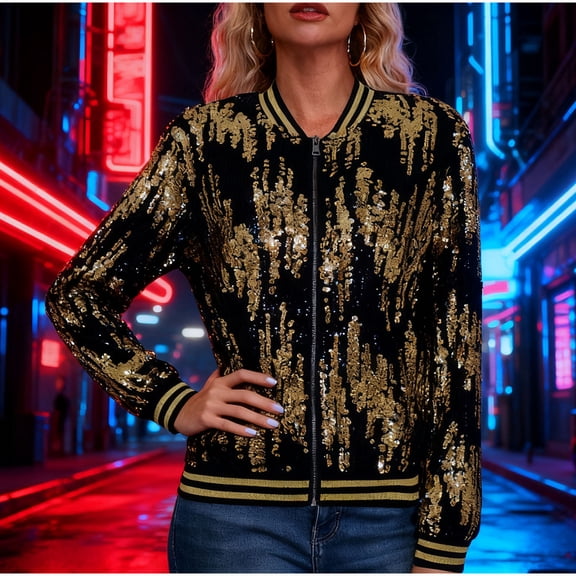 YTCAMLO Sparkly Sequin Jackets for Women Trendy Long Sleeve Glitter Blazer Zipper Up Ribbed Bomber Jacket Party Festival Outfits, D S