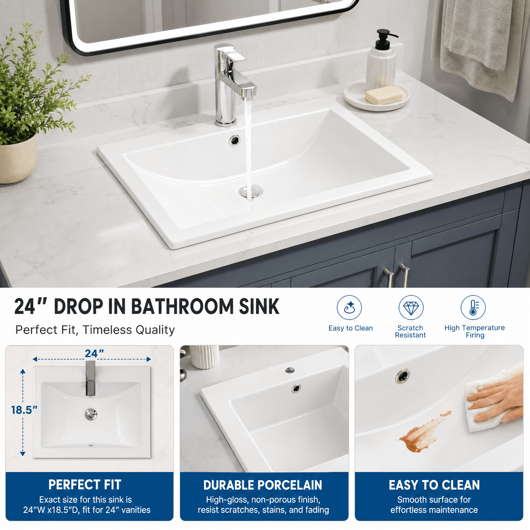 24″W x 18″D Drop In Bathroom Ceramic Vessel Sink with Single Hole, White Rectangle Porcelain Vanity Top Mount with Overflow for Bathrooms Replacement