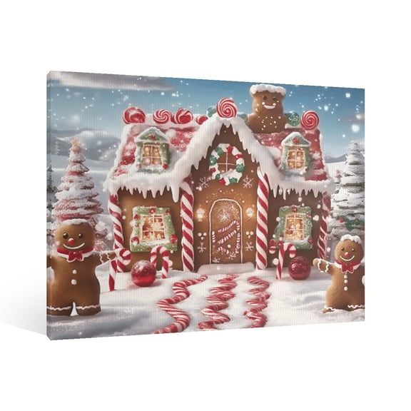 Vintage Christmas gingerbread house Wall Art Paint - Retro Xmas Festive Winter Holiday Christmas Wall Decor Canvas for Living Room Kitchen Bathroom Home Bedroom Decor Framed