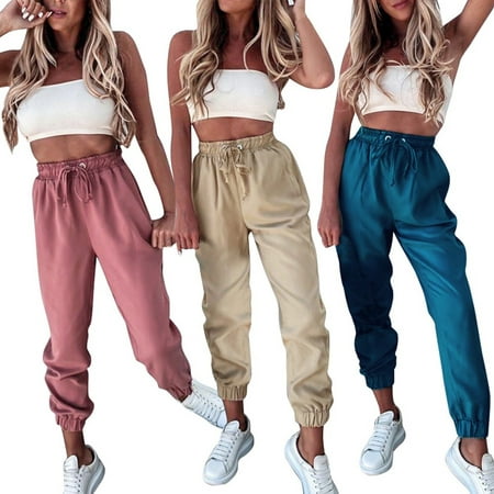 Women Loose Trousers Fashion Solid Color High Waist Drawstring Girl ...