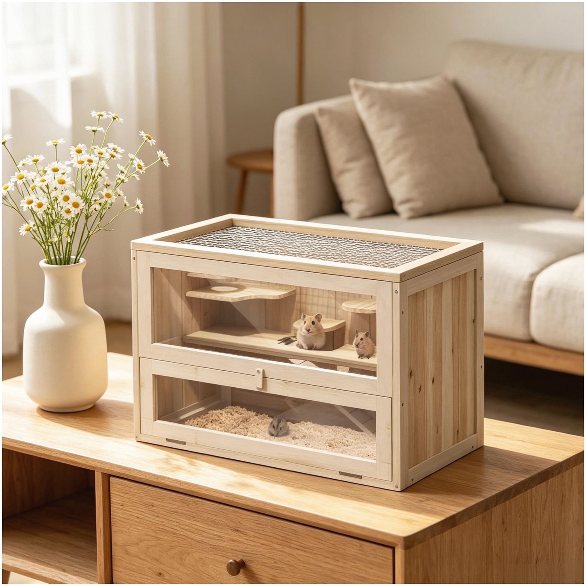 Natural Wood Tone Small Animal Habitat Pet Cage with Openable Top and Ramp for Indoor Home Living Room Bedroom Balcony Decor