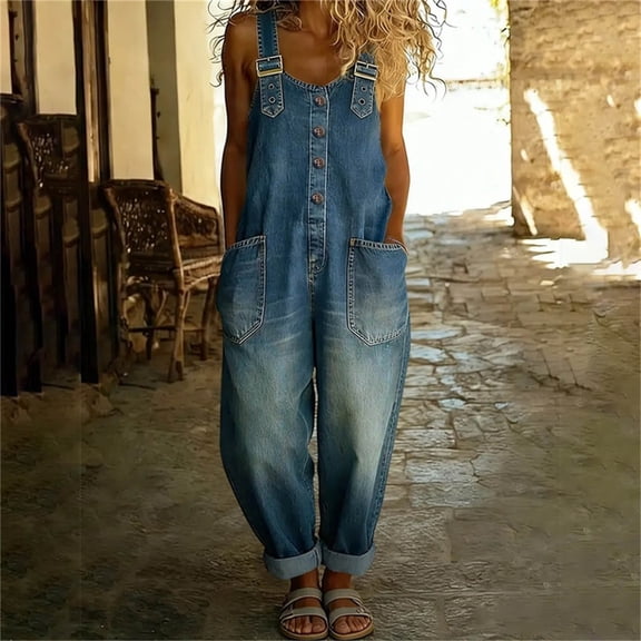 Pounoo Denim Overalls for Women Adjustable Strap Button Front Loose Fit Cuffed Hem Denim Overalls Casual Streetwear Daily Outfits