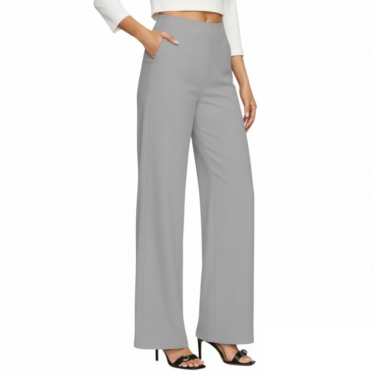 hlysgo Women's Stretchy Dress Pants Wide Leg Pull-On Soft Comfort Loose Trousers Business Officewear Pants with Pockets Gray,XL