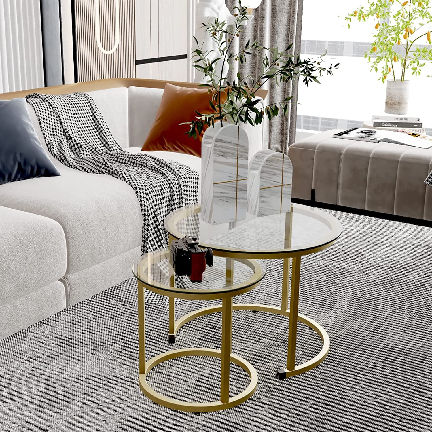 Gold Nesting Coffee Table Set of 2, Small Glass Nesting Tables for
