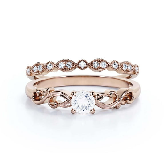 Art Nouvea Twisted 1.00 Carat Round Cut Diamond Moissanite Engagement Ring, Antique Design Wedding Ring in 925 Sterling Silver With 18k Rose Gold Plating, Gift For Her, Bridal Set, Matching Band