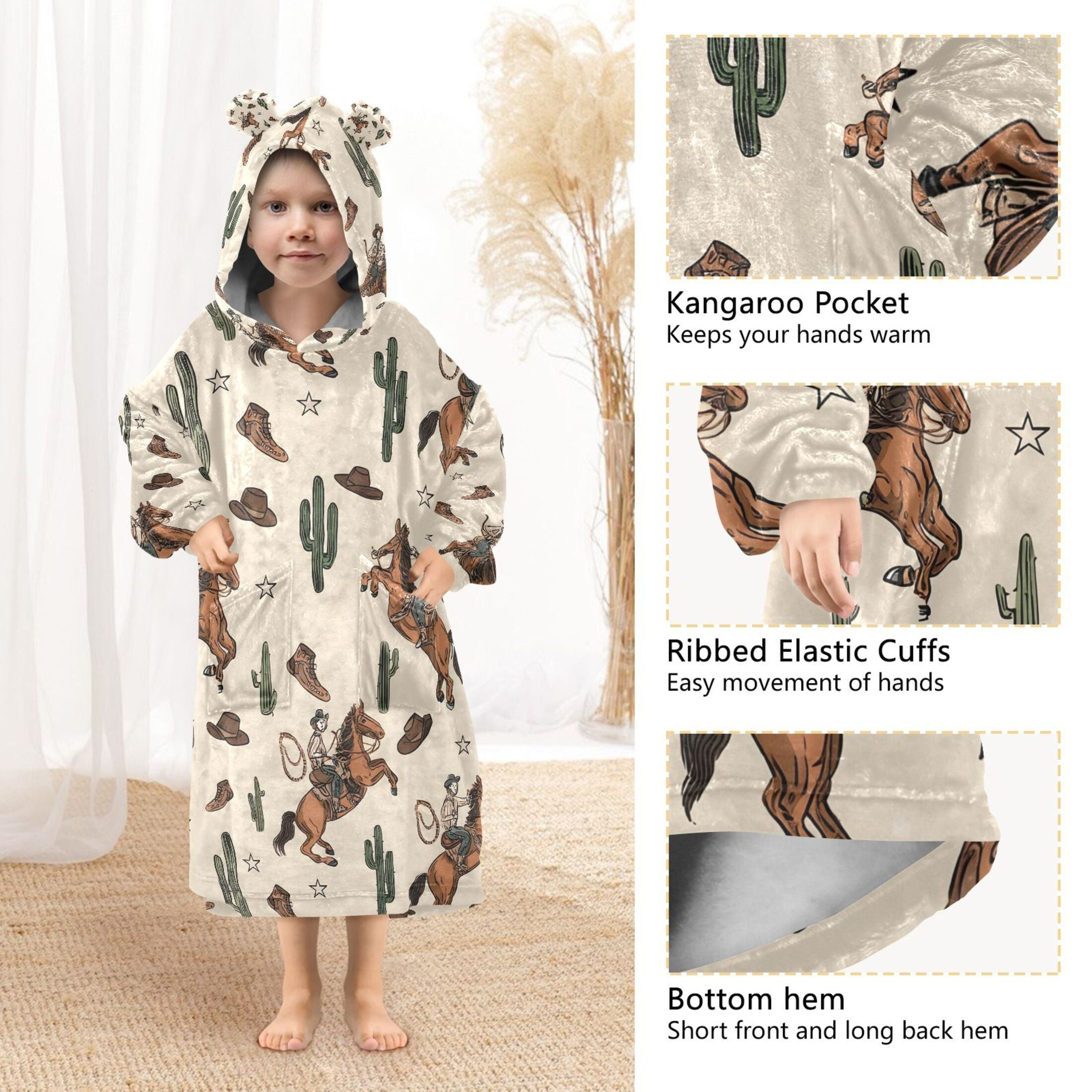 joogoo Wearable Blanket Hoodie for Cactus Cowboys Flannel Sherpa Pocket 3-14 YR S