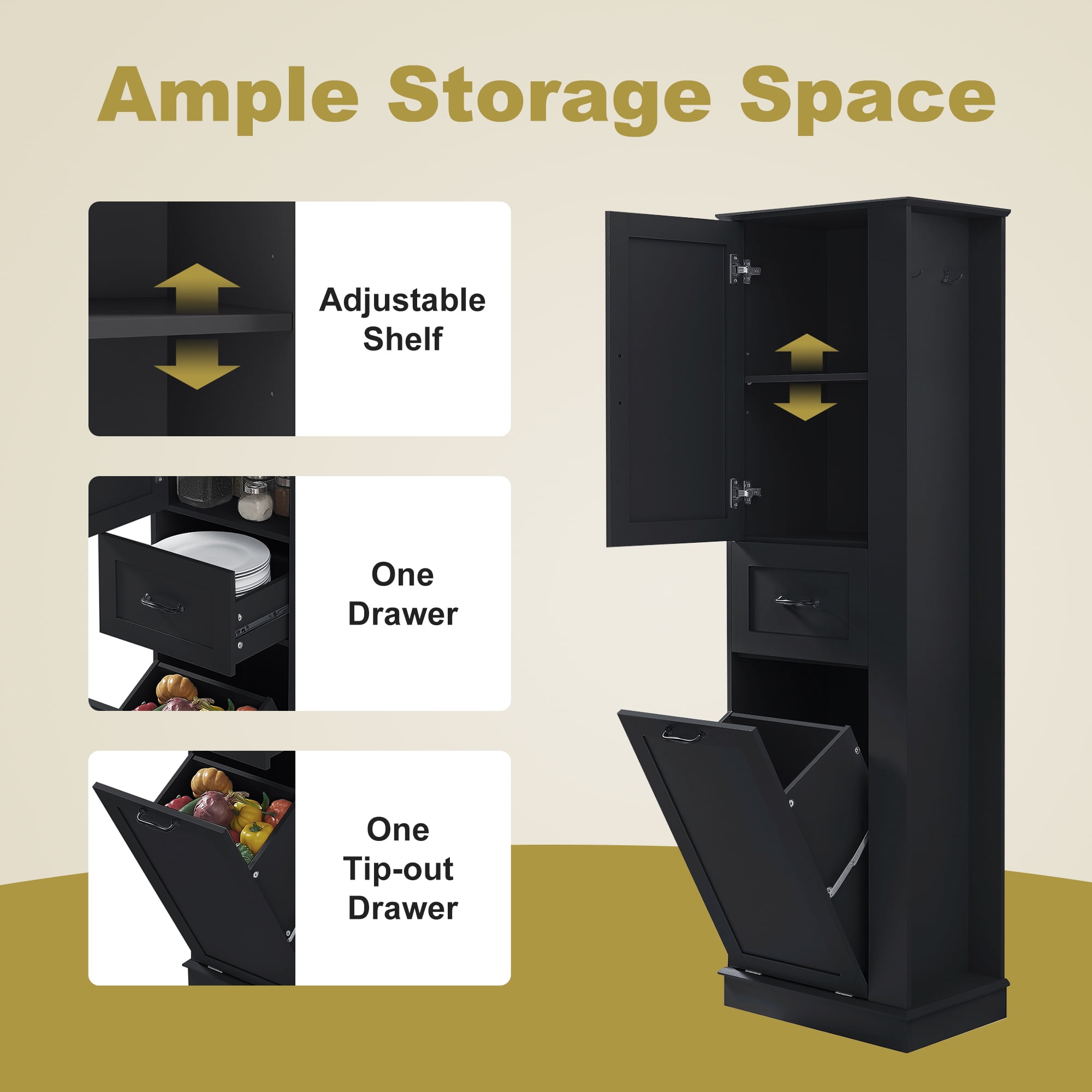Euroco Modern Tall Storage Cabinet – Tilt-Out Compartment, Adjustable Shelves, 80LBS Capacity, Soft-Close Hinges, Aluminum Alloy Handles, Perfect for Bathroom & Home Organization