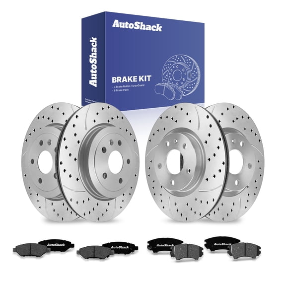 AutoShack Front & Rear Brake Rotors & Premium Pads for Chevrolet, Camaro 2010-2015, RWD V6 3.6L - Coated Drilled & Slotted - Silver Matte Finish - TurboGuard