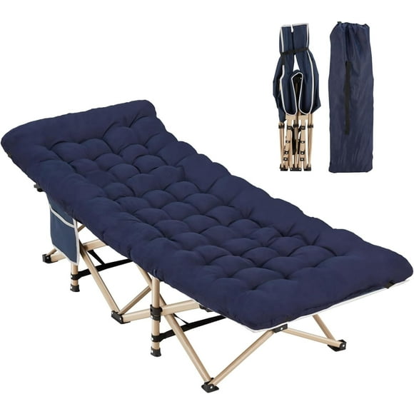 Livearty (TM) Folding Camping Cot with Mattress, Large Pocket Portable Camp Bed Cots with Carry Bag, Max Load 450 LBS, for Camping, BBQ, Hiking, Backpacking, Beach, Home, Office, Navy Blue