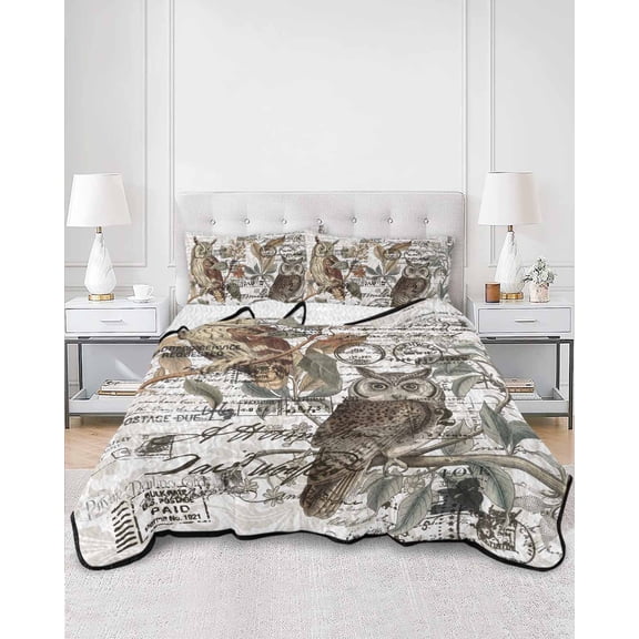 Quilts Twin XL Size, Country Owl Soft Comforter Bedding Set for Bed, Farmhouse Sping Floral Botanical Postmark Lightweight Quilted Bedspread with Pillow Cover(2 Pieces) for All Season, 68x98 Inch