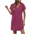 thumbnail image 1 of LOVZFMLL Robes d'Été pour Femmes Décontractées Amples T-Shirt Robe Droite Col en V Manches Courtes à Revers Uni Basique Tenues Quotidiennes Bourgogne m, 1 of 8