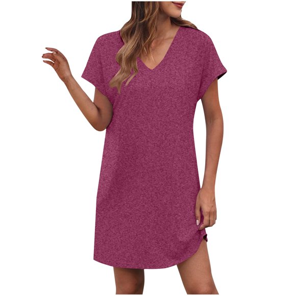 LOVZFMLL Summer Dresses for Women Casual Loose T-Shirt Shift Dress V Neck Cap Short Sleeve Solid Basic Daily Outfits Wine S