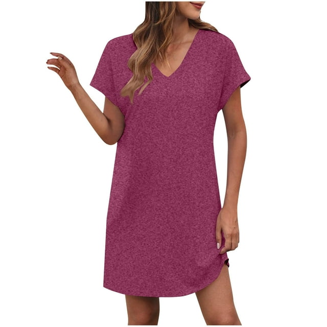LOVZFMLL Robes d'Été pour Femmes Décontractées Amples T-Shirt Robe Droite Col en V Manches Courtes Capuchon Uni Basique Tenues Quotidiennes Bordeaux TTG