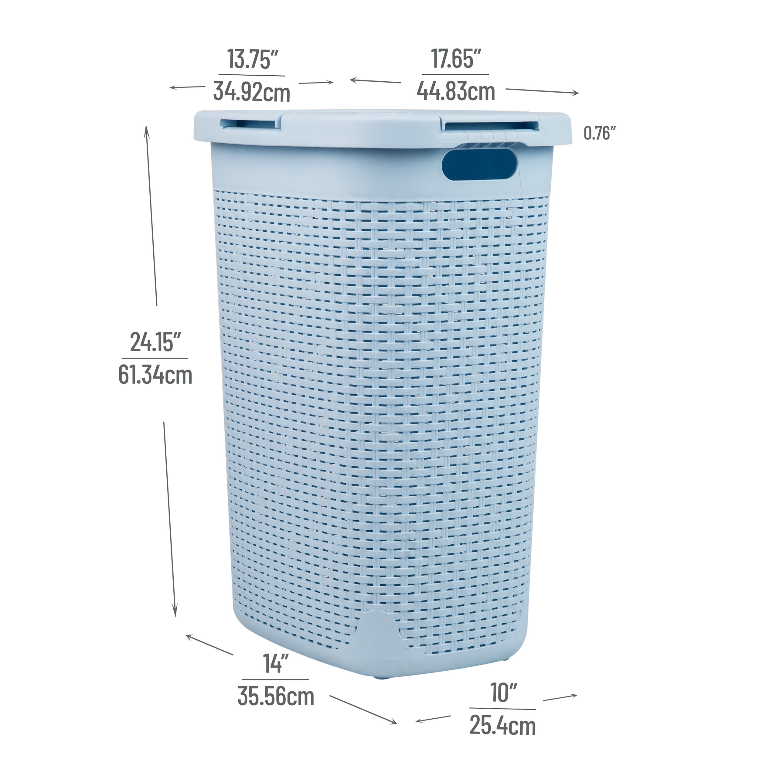 Mind Reader 60L Slim Laundry Hamper, Clothes Basket, Lid, Wicker Design, Plastic, Baby Blue