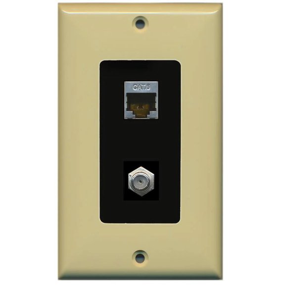 RiteAV Decorative 1 Gang Wall Plate (Ivory/Black) 2 Port - Cat6 (Shielded) Coax (Black) - Bracket Included