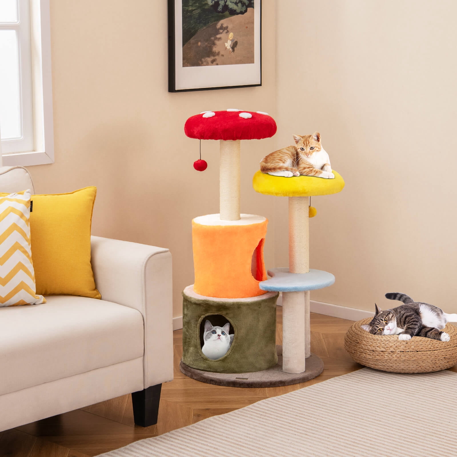 Infans 43" Tall Cute Cat Tree w/ 2 Condos Padded Platforms, Sisal Scratching Posts