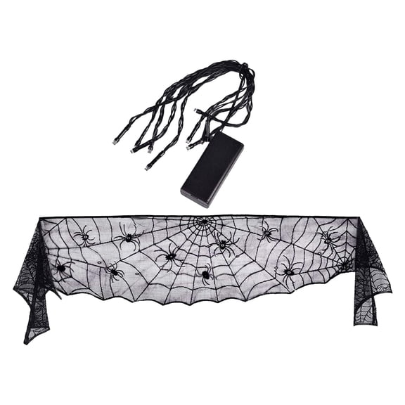 Halloween Decorations,Halloween Decoration Black Lace Fireplace Mantle With String Lights For Halloween
