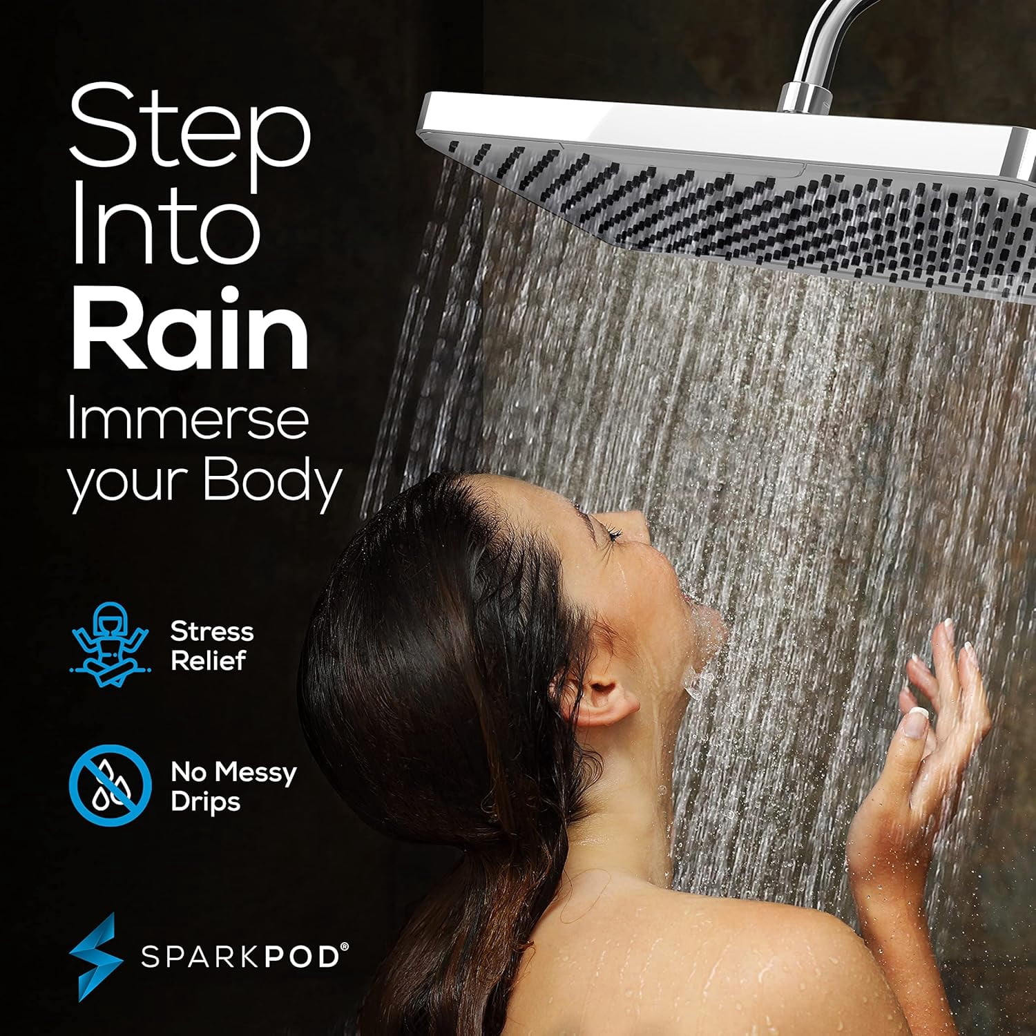 SparkPod 12" Rainfall Shower Head - Wall/Ceiling Mount - High Pressure, Anti-Clog, Easy Install (Polished Chrome)