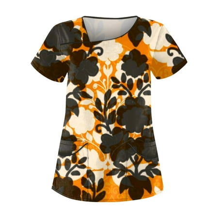 

EHTMSAK Womens Fashion Scrubs Top Floral with Pocket V-Neck Cartoon Printed Casual Short Sleeve Working Uniform Top Nurses Tunic Uniform Clinic Carer V-Neck Protective Clothing Tops Yellow 2X