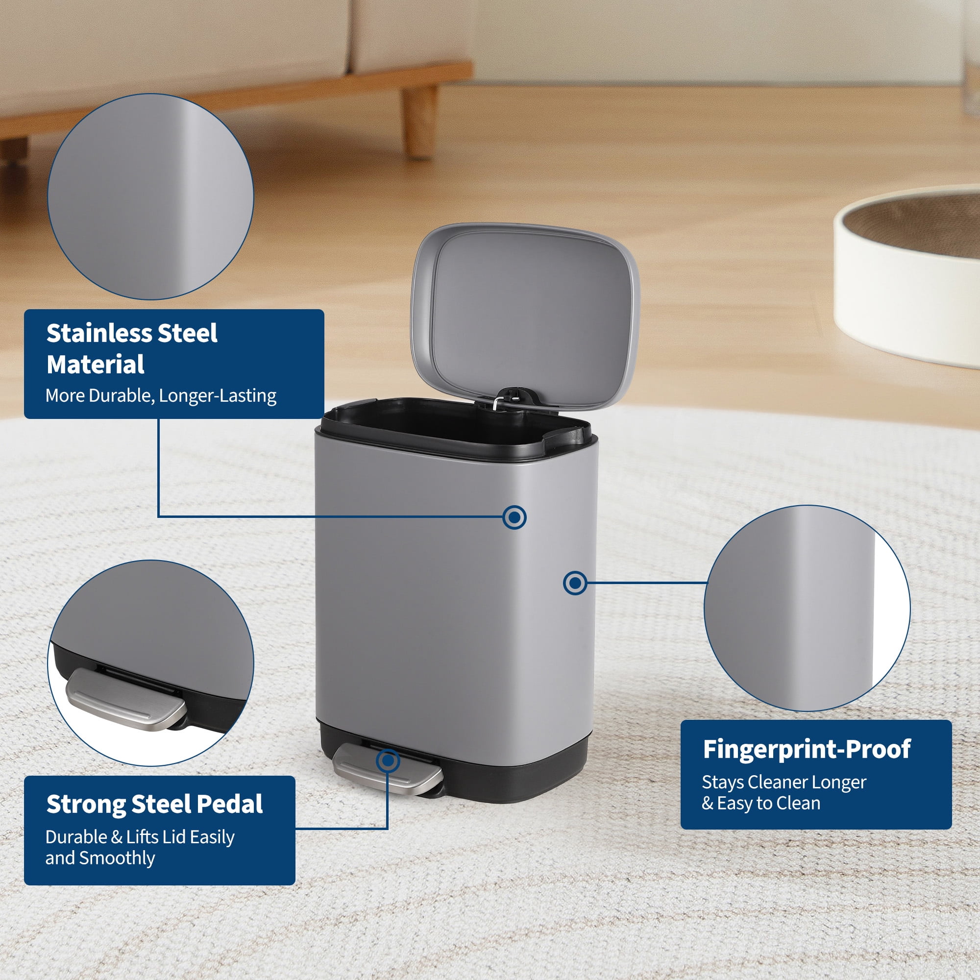 Stainless Steel Trash Can, 3.2 Gallon Lid, Soft Closing Pedal, Fingerprint Resistant, Durable, Suitable for Kitchen Bathroom Trash Can